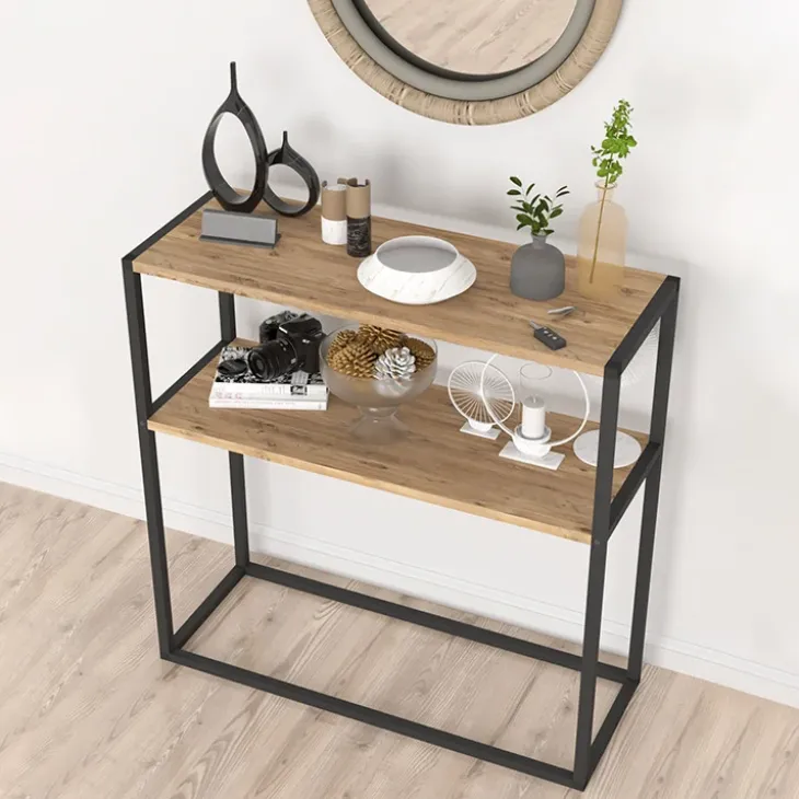 Consolle ingresso 2 ripiani industrial 90x90cm metallo rovere rustico Loft
