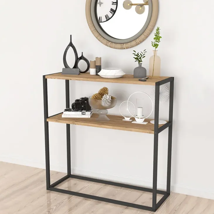 Consolle ingresso 2 ripiani industrial 90x90cm metallo rovere rustico Loft