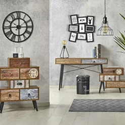 Consolle moderna 120x73cm acciaio nero rovere multicolore con stampe Kabul