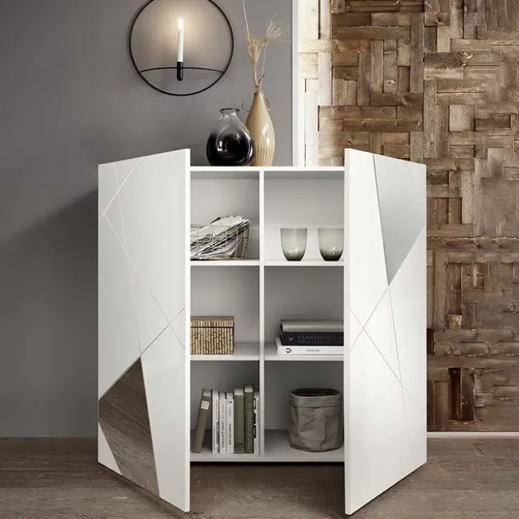 Credenza alta 121x111h cm 2 ante bianco lucido specchio con serigrafia Olimpo