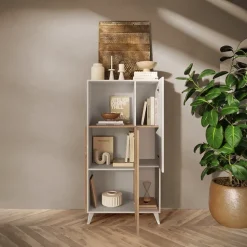 Credenza alta 81x154h cm 2 ante bianco lucido rovere chiaro Witty