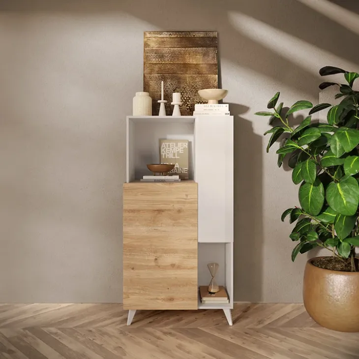 Credenza alta 81x154h cm 2 ante bianco lucido rovere chiaro Witty