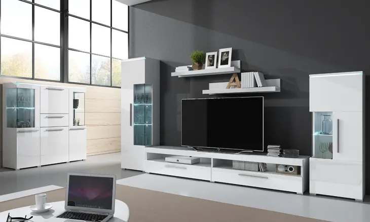 Credenza alta 130x128h cm 4 ante 1 cassetto bianco lucido Frisk