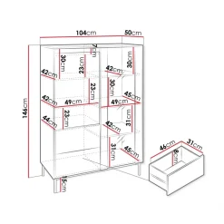 Credenza alta 104x146h cm 2 ante 2 cassetti design cannettato bianco Strike