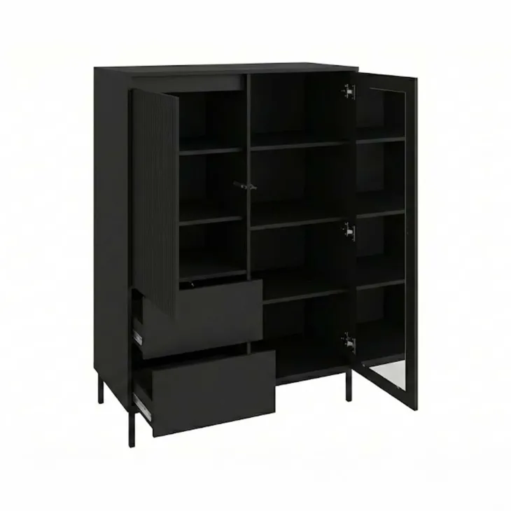 Credenza alta 104x146h cm 2 ante 2 cassetti design cannettato nero Strike