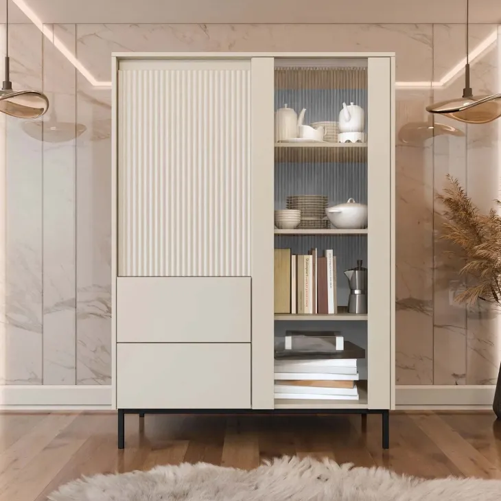 Credenza alta 104x146h cm 2 ante 2 cassetti design cannettato beige cashmere Strike