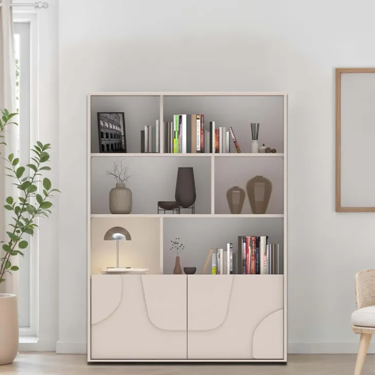 Credenza alta 105x141h cm 2 ante con vani a vista design in rilievo beige cashmere Sonia