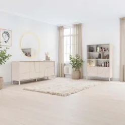 Credenza alta 105x155h cm 2 ante con vani a vista design in rilievo con piedini beige cashmere Sonia