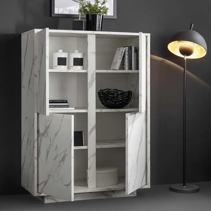 Credenza alta 92x145h cm 4 ante effetto marmo bianco Viking