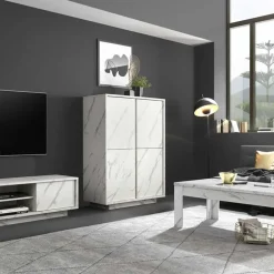 Credenza alta 92x145h cm 4 ante effetto marmo bianco Viking