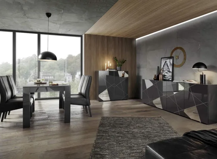 Credenza alta 120x109h cm 2 ante grigio lucido specchio con serigrafia Olimpo