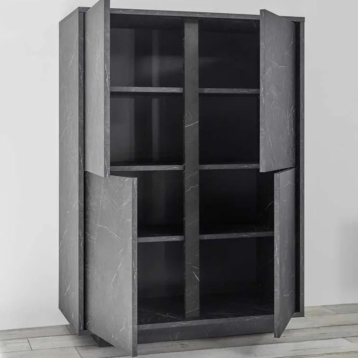Credenza alta 92x145h cm 4 ante moderna effetto marmo nero Viking