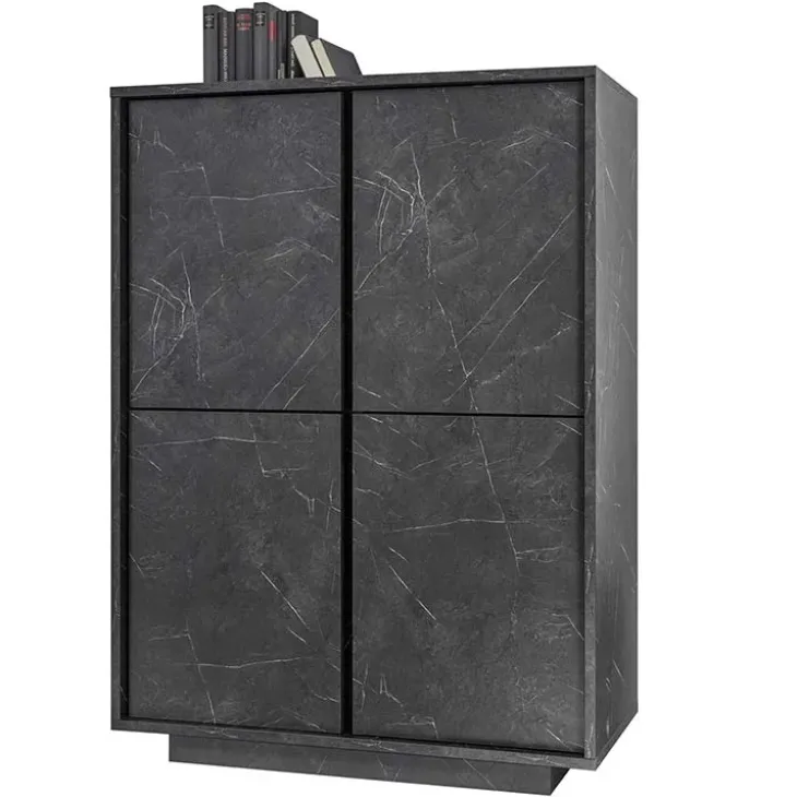 Credenza alta 92x145h cm 4 ante moderna effetto marmo nero Viking