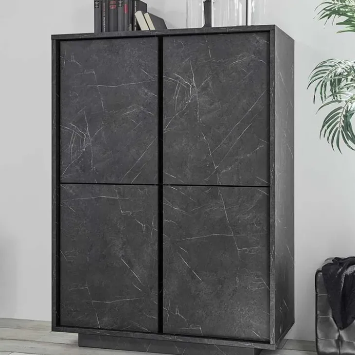 Credenza alta 92x145h cm 4 ante moderna effetto marmo nero Viking