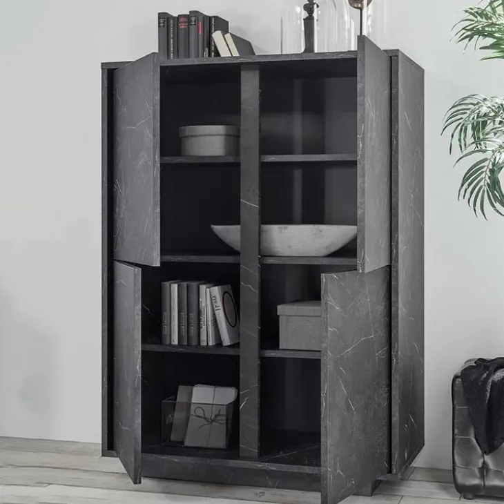 Credenza alta 92x145h cm 4 ante moderna effetto marmo nero Viking