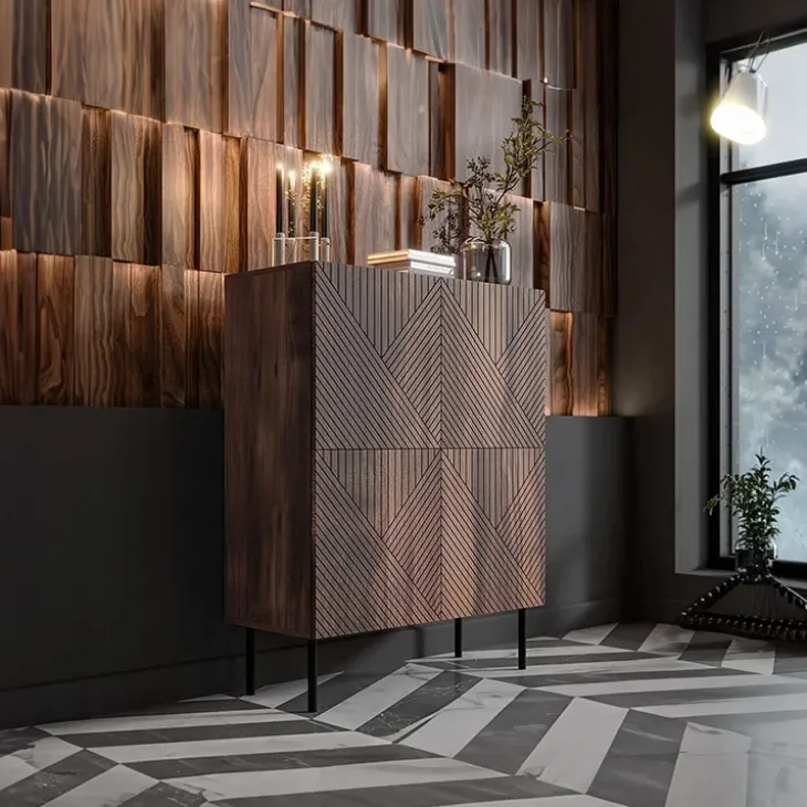 Credenza alta 89x118h cm 4 ante noce scuro con frontali serigrafati Savanna