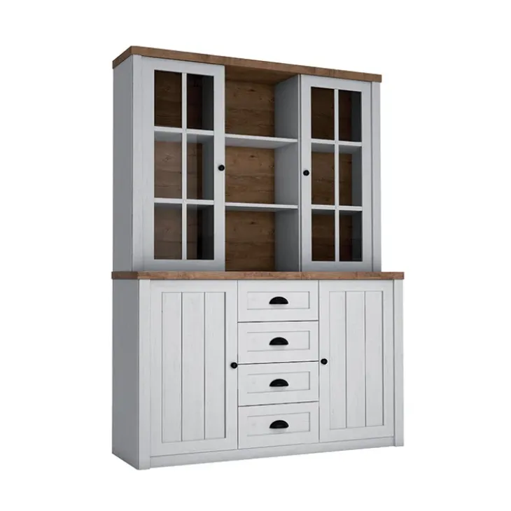 Credenza alta 130x200h cm 4 cassetti con vetrina bianco frassinato rovere Provenza
