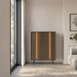 Credenza alta 94x126h cm con led 2 ante soggiorno noce Bois