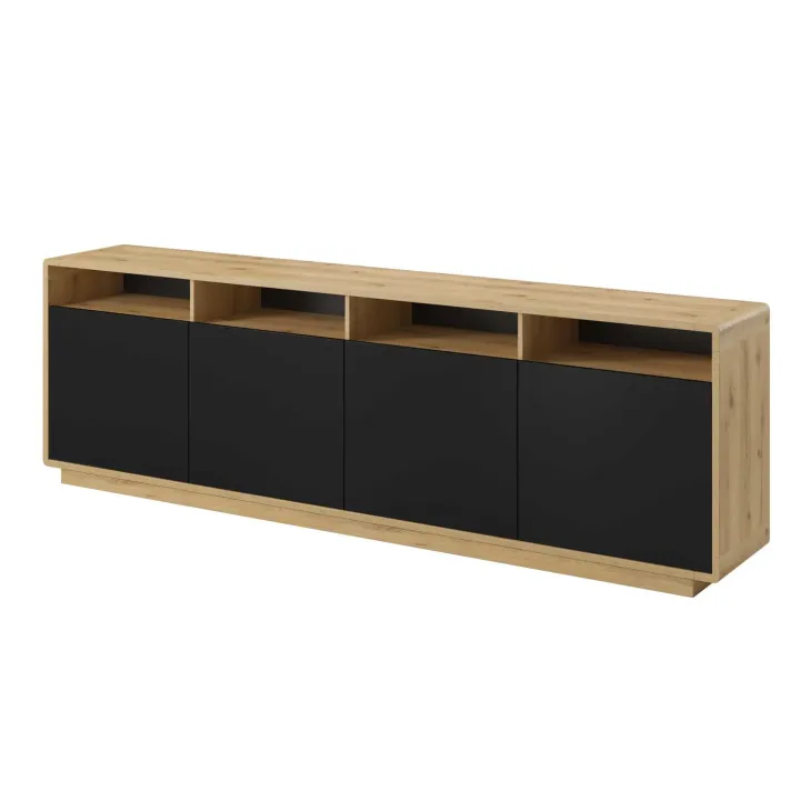 Credenza moderna 238x75h cm 4 ante 4 vani a giorno nero opaco rovere Esmond