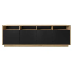 Credenza moderna 238x75h cm 4 ante 4 vani a giorno nero opaco rovere Esmond