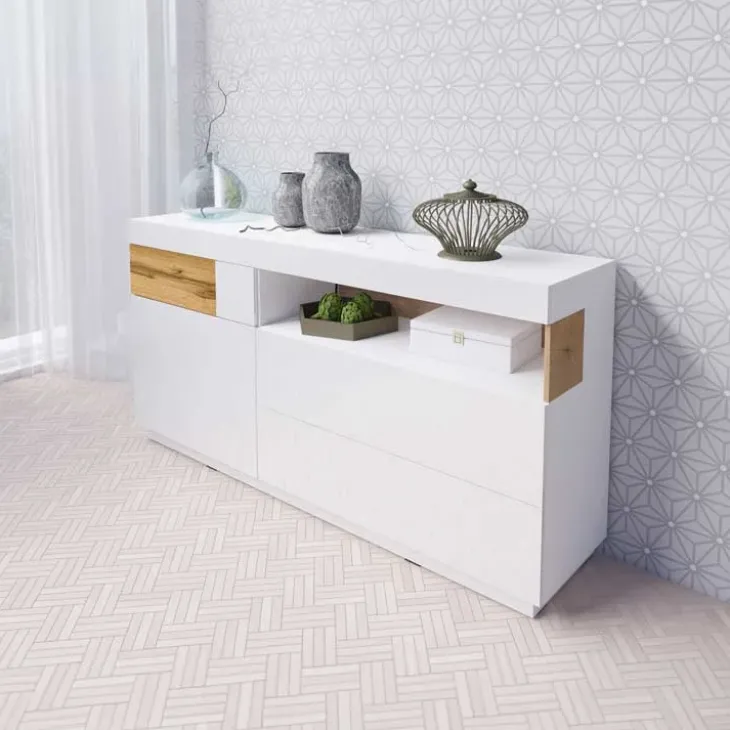 Credenza 169x85h cm 1 anta 3 cassetti bianco lucido rovere Bahama