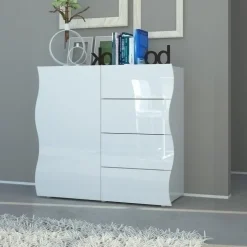 Credenza 90x81h cm 1 anta 4 cassetti soggiorno bianco lucido Sea Gihome®
