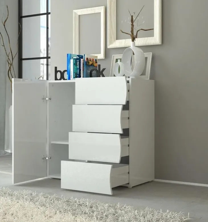 Credenza 90x81h cm 1 anta 4 cassetti soggiorno bianco lucido Sea Gihome®