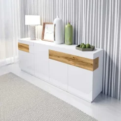 Credenza 219x85h cm 4 ante 2 cassetti bianco lucido rovere Bahama