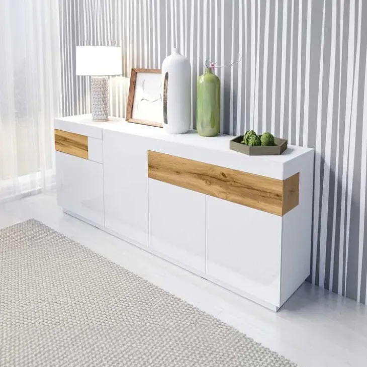Credenza 219x85h cm 4 ante 2 cassetti bianco lucido rovere Bahama