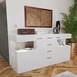 Credenza 180x81h cm 2 ante 4 cassetti bianco lucido Biancaneve
