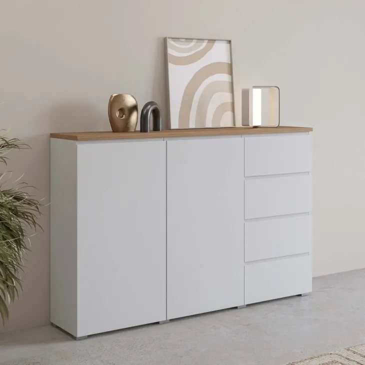 Credenza 150x100h cm 2 ante 4 cassetti bianco rovere Ischia