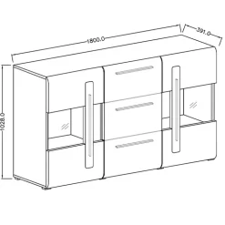 Credenza 180x103h cm 2 ante 3 cassetti con vetrinetta moderna rovere nero Maiorca
