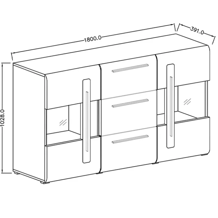 Credenza 180x103h cm 2 ante 3 cassetti con vetrinetta moderna rovere nero Maiorca