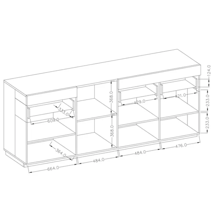 Credenza 219x85h cm 4 ante 2 cassetti moderna antracite rovere Bahama