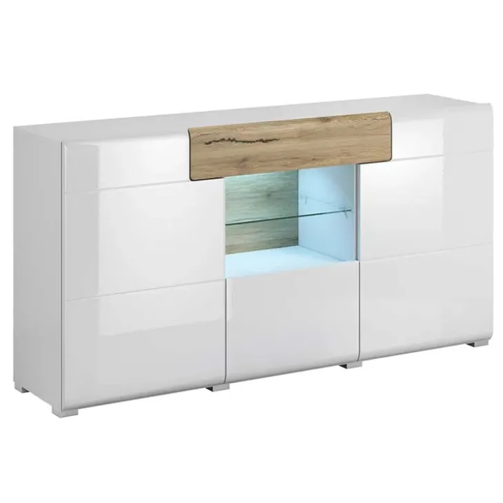 Credenza 159x83h cm 3 ante 1 cassetto bianco lucido rovere Tahiti