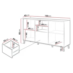 Credenza 150x82h cm 2 ante 1 cassetto moderna decorato nero lucido Placida