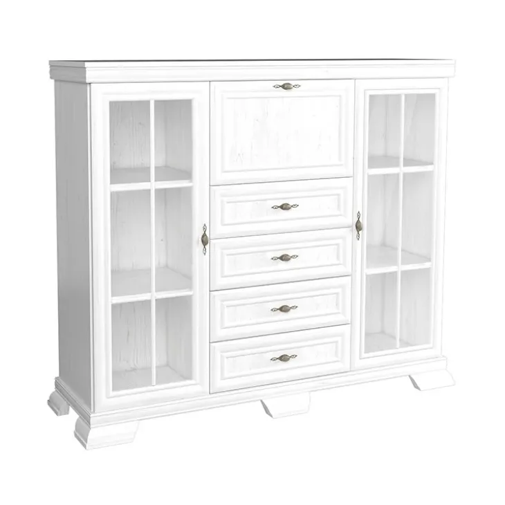 Credenza 158x136h cm 2 ante con vetrina 4 cassetti shabby bianco frassinato Kelly