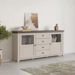 Credenza 181x93h cm 2 ante con vetrinetta 4 cassetti beige Texel