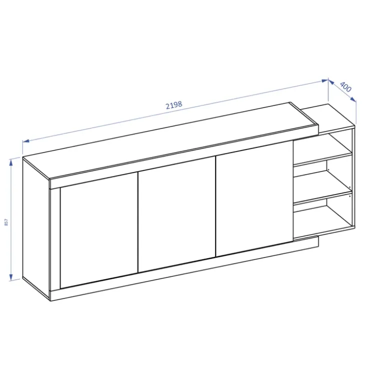 Credenza 220x86h cm 3 ante moderna bianco lucido rovereAria