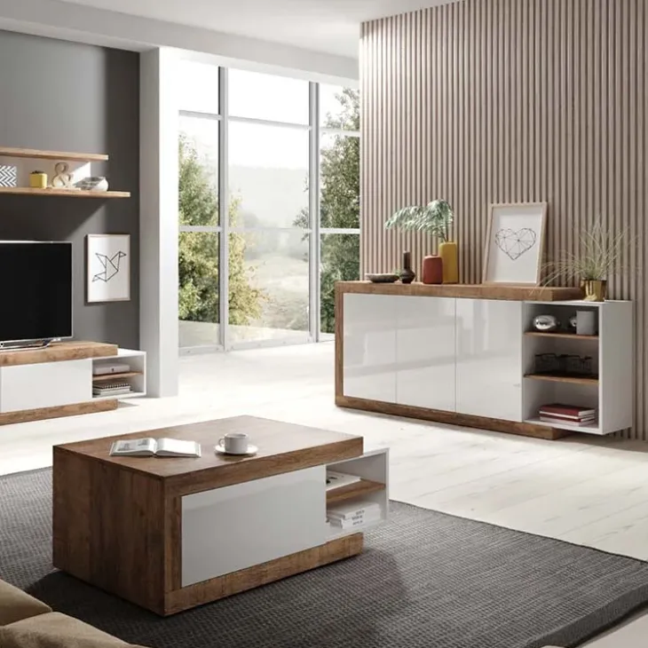 Credenza 220x86h cm 3 ante moderna bianco lucido rovereAria