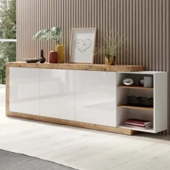 Credenza 220x86h cm 3 ante moderna bianco lucido rovereAria