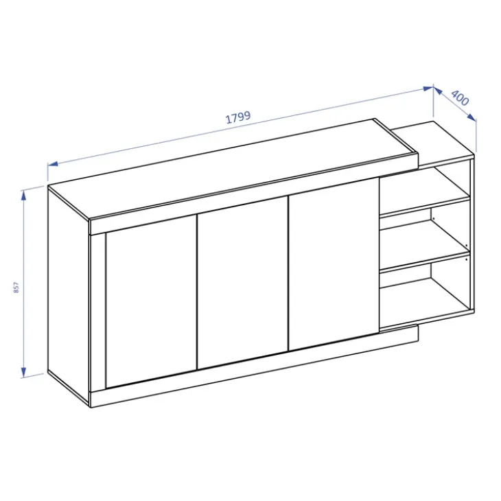 Credenza 180x86h cm 3 ante moderna bianco lucido rovere Aria