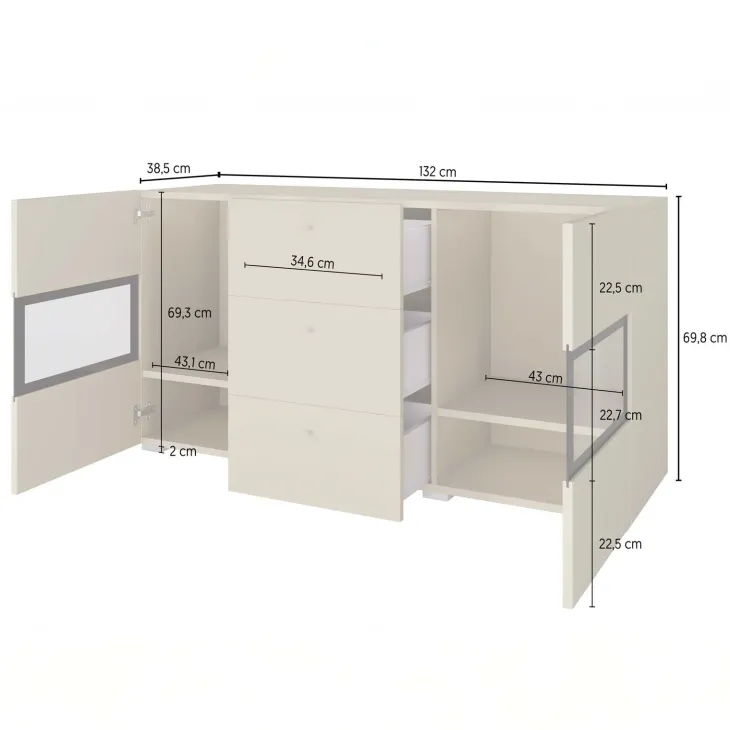 Credenza 132x70h cm 3 cassetti 2 ante beige cashmere Emotion Gihome®