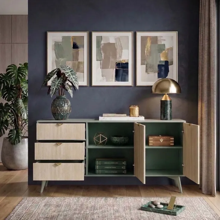 Credenza 158x80h cm 3 cassetti 2 ante verde salvia rovere Myrta