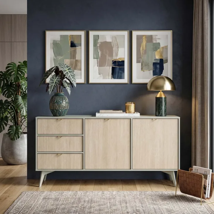 Credenza 158x80h cm 3 cassetti 2 ante verde salvia rovere Myrta