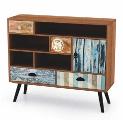 Credenza 93x80h cm con cassetti vintage industrial legno acciaio con stampe nero Kabul