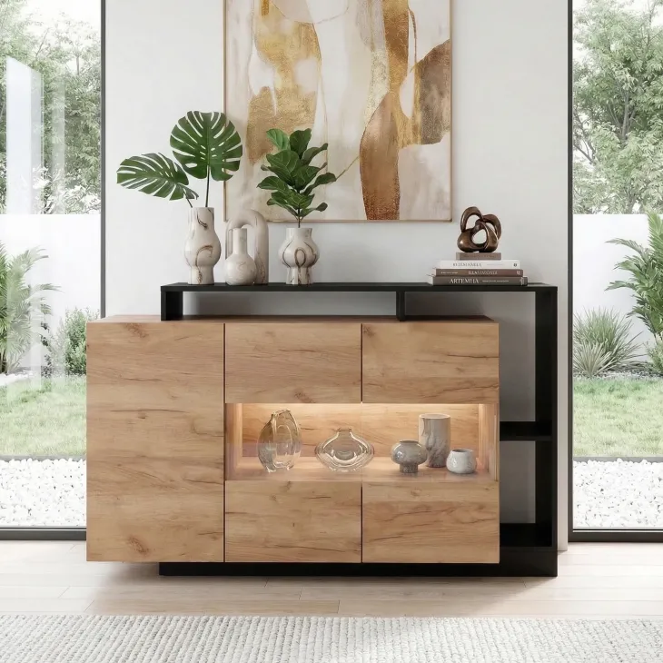 Credenza 155x94h cm con vetrinetta moderna rovere antracite Blob