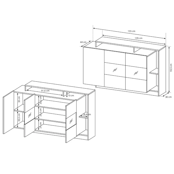 Credenza 155x94h cm con vetrinetta moderna rovere antracite Blob
