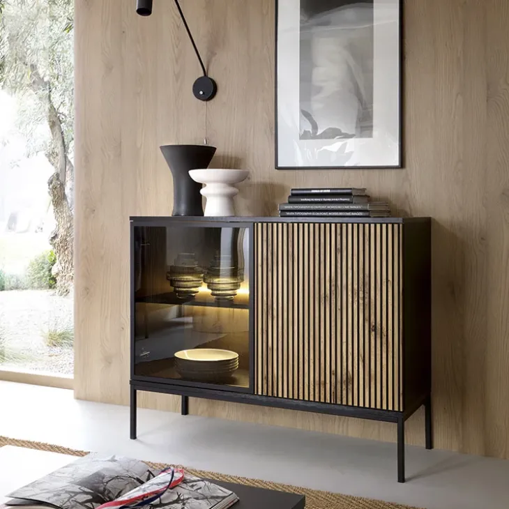 Credenza 104x83h cm moderna soggiorno nero rovere antico cannettato Bali