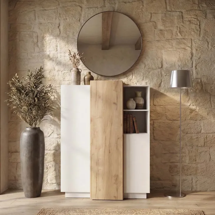 Credenza 110x134h cm soggiorno 3 ante bianco opaco quercia James